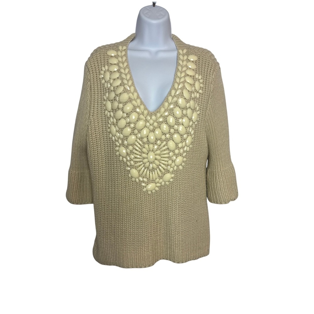 V Cristina Knit Sweater Top Cream Bead Embellished‎ V Neck 3/4 Sleeve Boho Chic